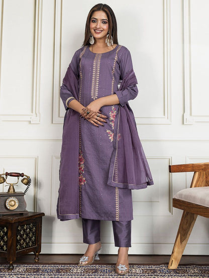 Dhiyona PD Women Floral Embroidered Round Neck Sequinned Kurta With Trouser & Dupatta