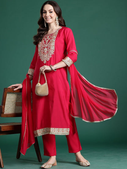 Ethnic Motifs Embroidered Zari Round Neck Straight Kurta With Trouser & Dupatta