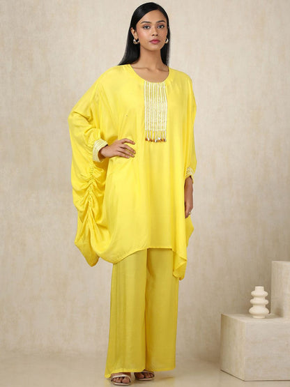 Dhiyona SO Women's Striped Yoke Design Sequinned Round Neck Kaftan Pure Cotton Kurta With Palazzos