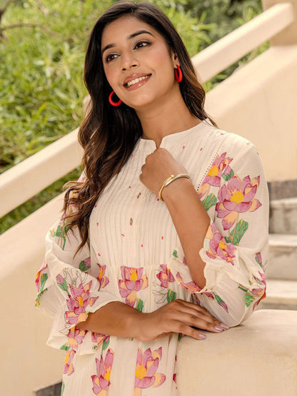 Women Floral Printed Mandarin Collar Pure Cotton A-Line Kurta with Trousers
