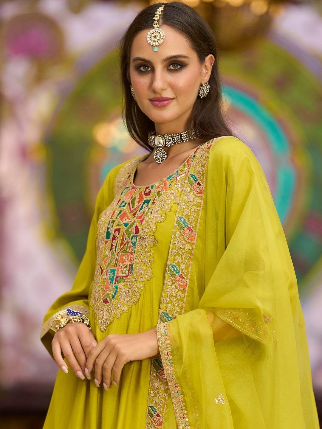 Ethnic Motifs Embroidered Thread Work A-Line Kurta with Trousers & With Dupatta