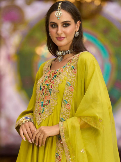 Ethnic Motifs Embroidered Thread Work A-Line Kurta with Trousers & With Dupatta