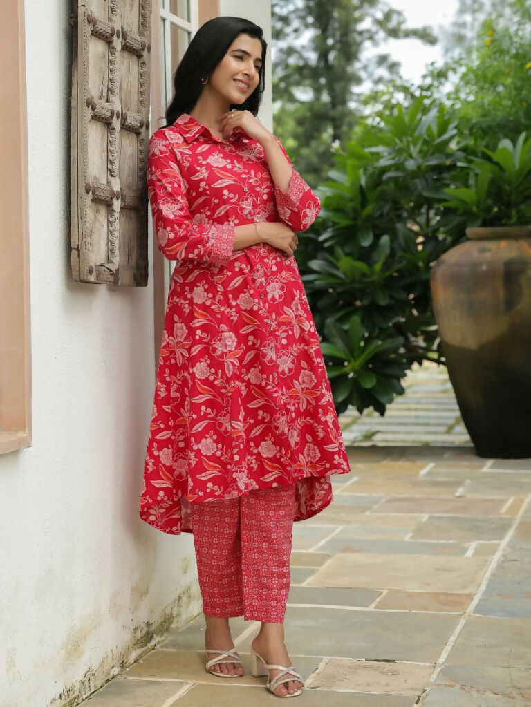 Women's High Low Soft Cotton Floral Print Women's Kurta - Red