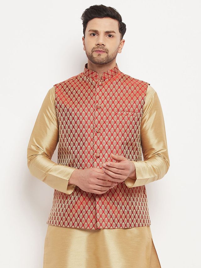 Men's Maroon Silk Blend Straight Nehru Jacket