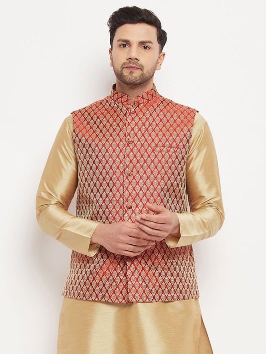 Men's Maroon Silk Blend Straight Nehru Jacket
