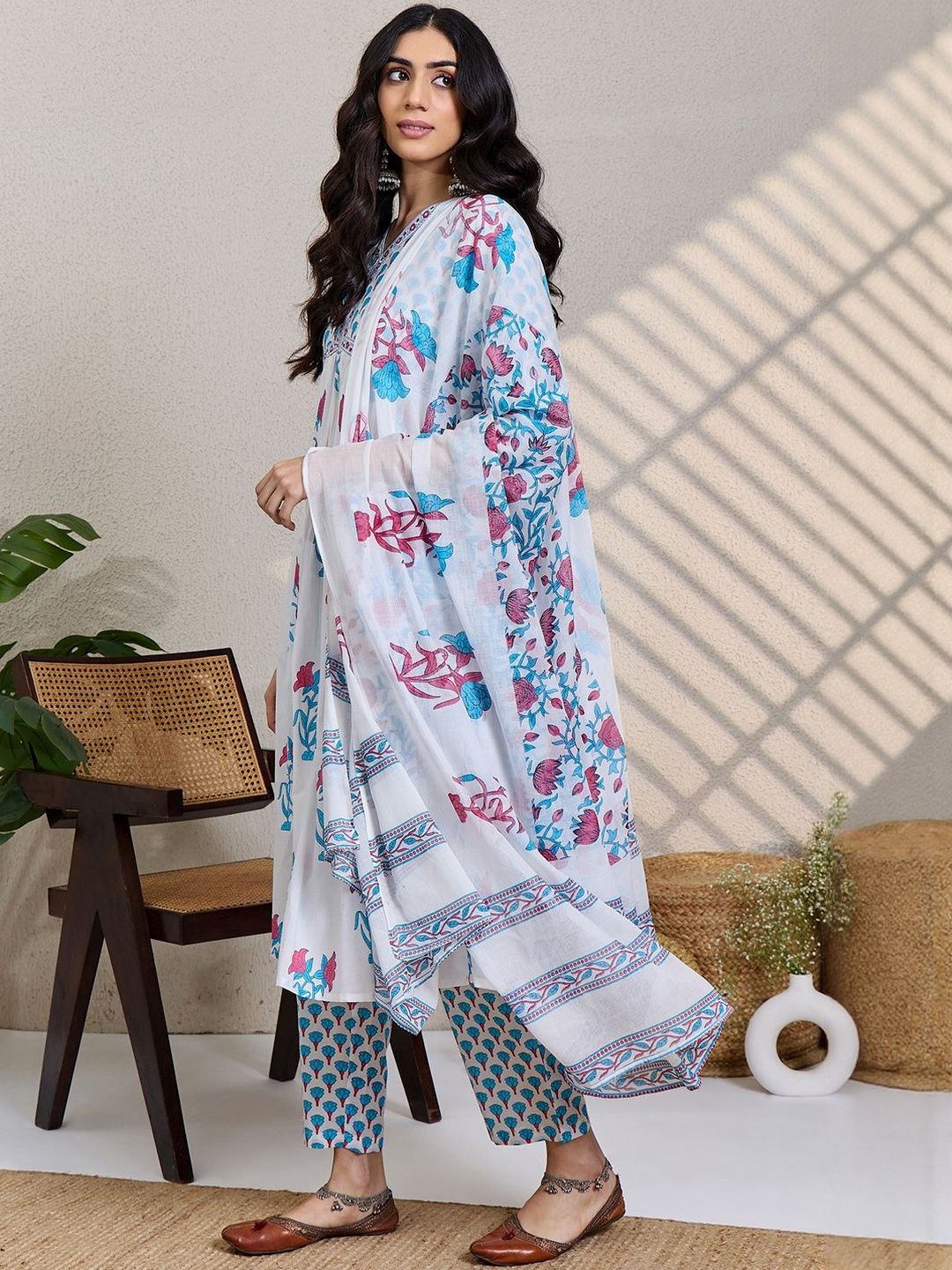 Women Floral Printed Cotton A-Line Kurta with Trousers & Dupatta