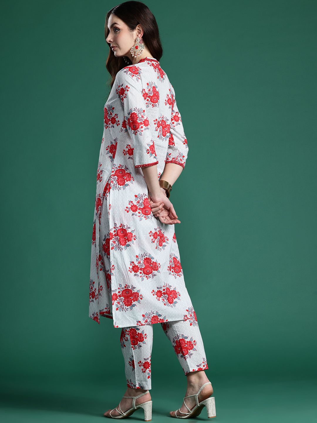 Floral Printed Mirror Work Pure Cotton Kurta with Trousers