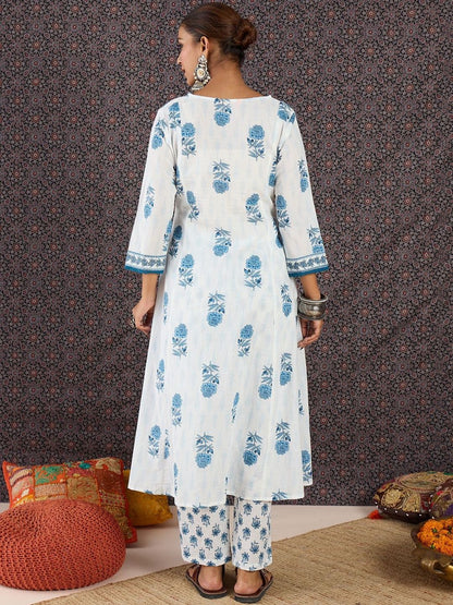 Dhiyona IE Printed V-Neck Three-Quarter Sleeves Pure Cotton Tunic And Trousers