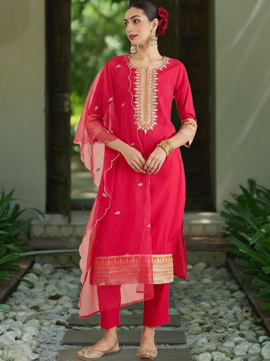 Dhiyona IE Women Ethnic Motifs Embroidered Regular Thread Work Kurta with Trousers & With Dupatta