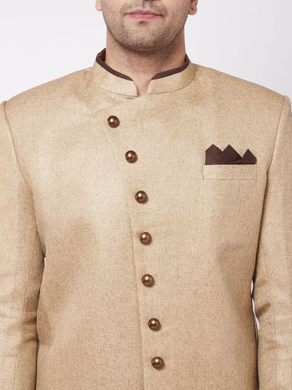 Men's Beige Polyester Lurex Blend Straight Sherwani Set