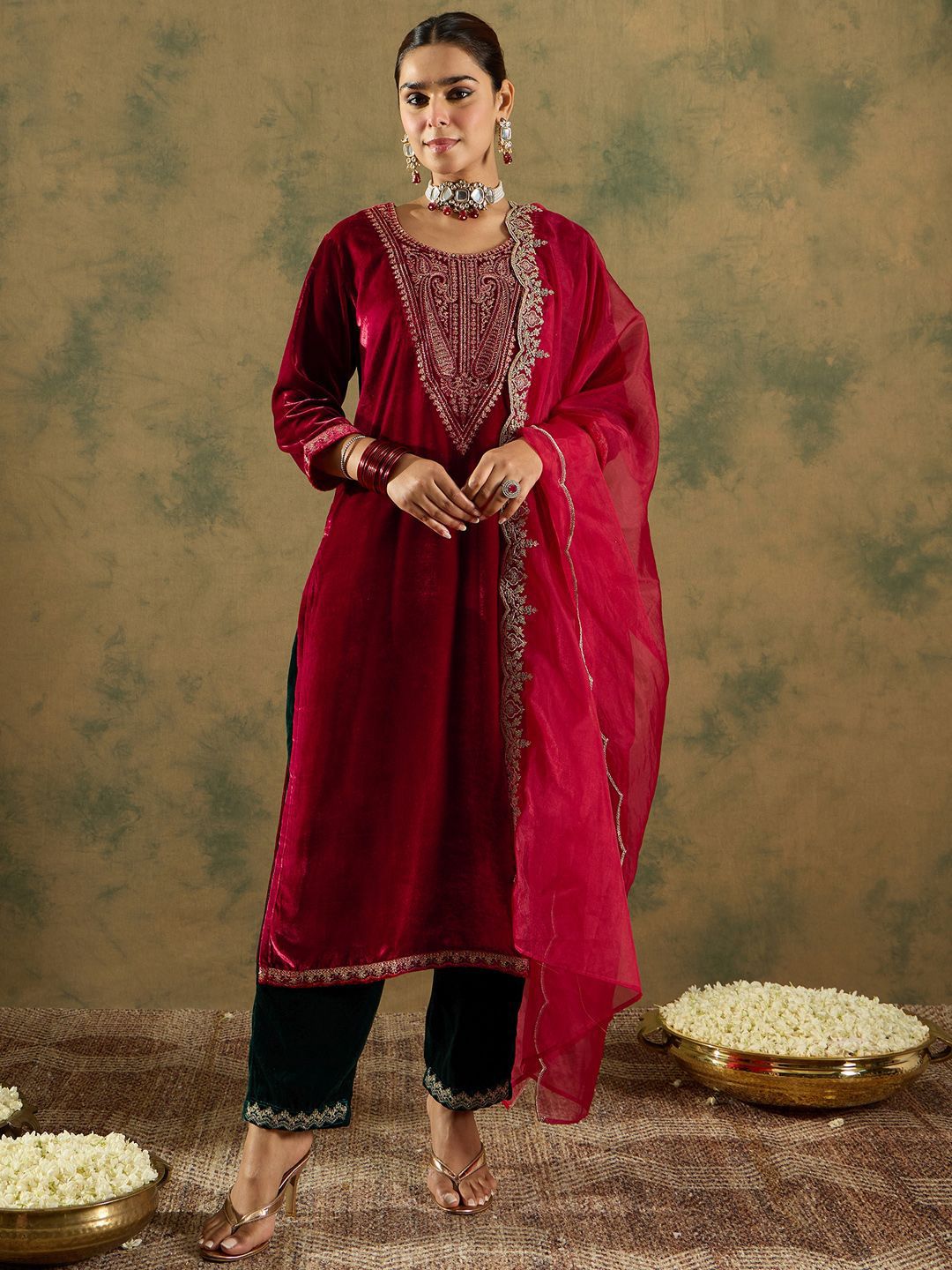Dhiyona IE Ethnic Motifs Embroidered Regular Velvet Straight Kurta with Trousers & Dupatta