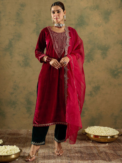 Dhiyona IE Ethnic Motifs Embroidered Regular Velvet Straight Kurta with Trousers & Dupatta