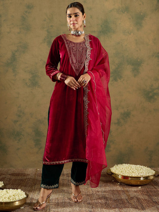 Dhiyona IE Ethnic Motifs Embroidered Regular Velvet Straight Kurta with Trousers & Dupatta