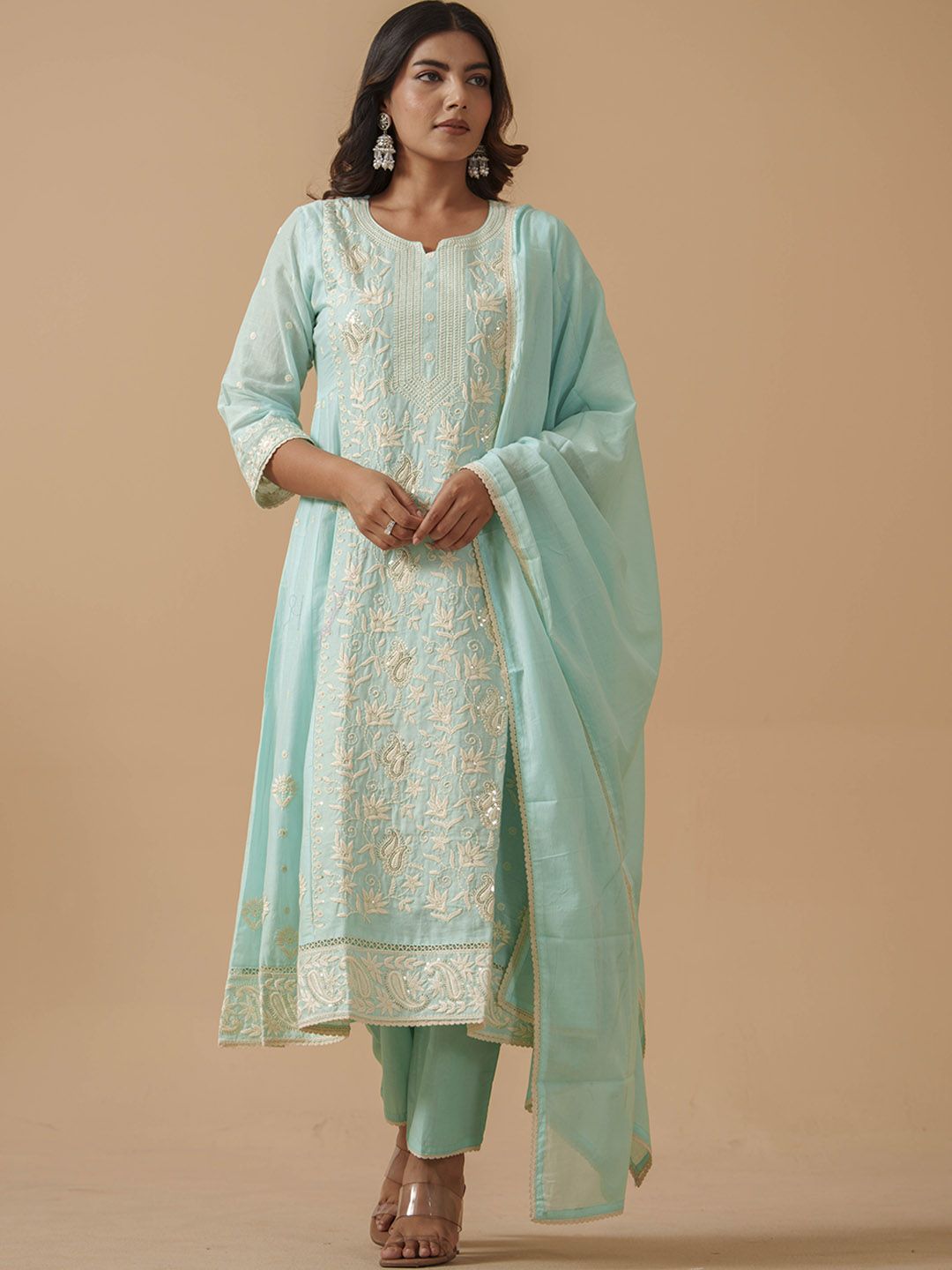 Dhiyona PD Women Women Pure Cotton Embroidered Cotton Kurta Trousers & Dupatta