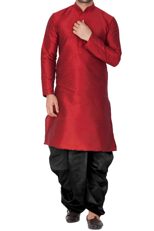Men's Maroon Silk Blend Straight Kurta and Dhoti Set