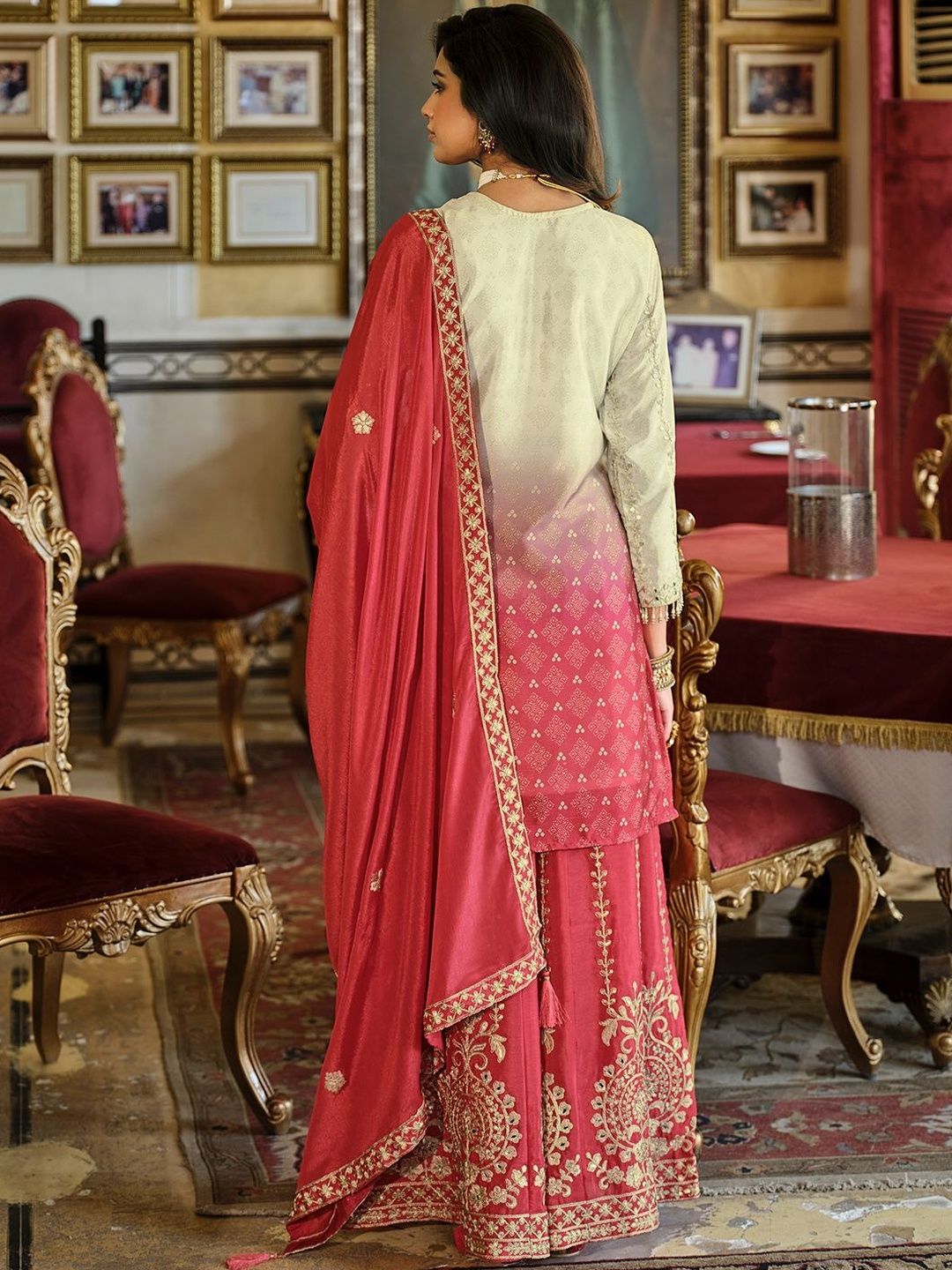 Dhiyona IE Ethnic Motifs Embroidered Round Neck Straight Kurta With Sharara & Dupatta