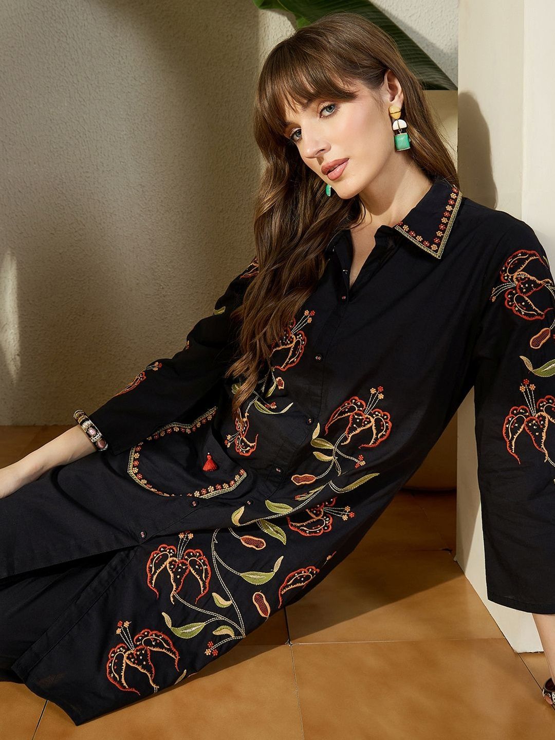 Women Black Floral Embroidered Thread Work Pure Cotton Kurti with Trousers