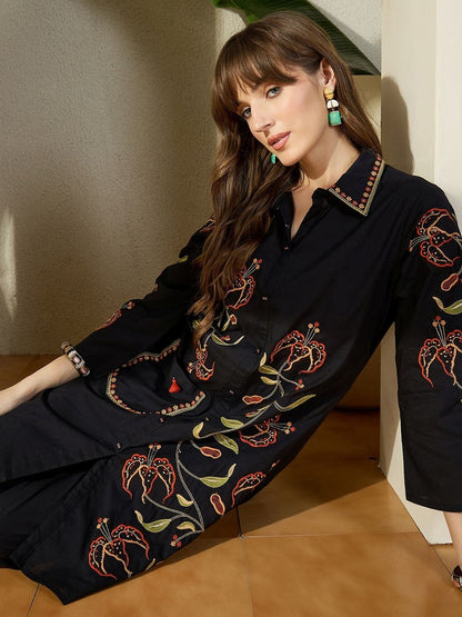 Women Black Floral Embroidered Thread Work Pure Cotton Kurti with Trousers
