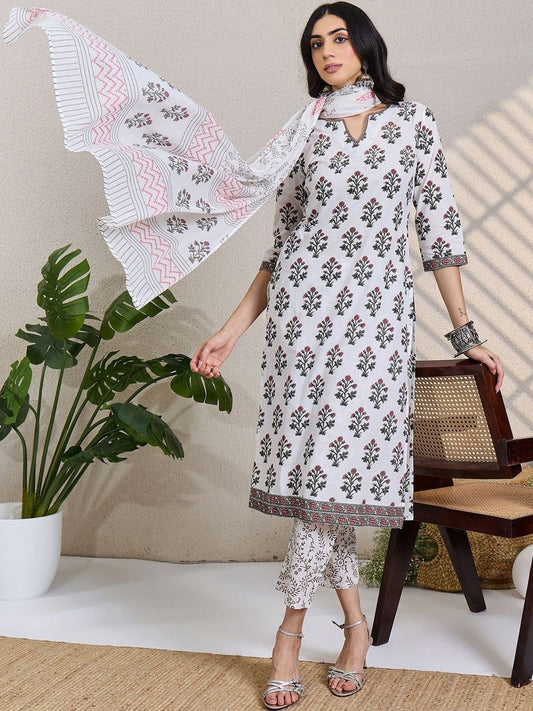 Women Floral Printed Cotton Kurta with Trousers & Dupatta