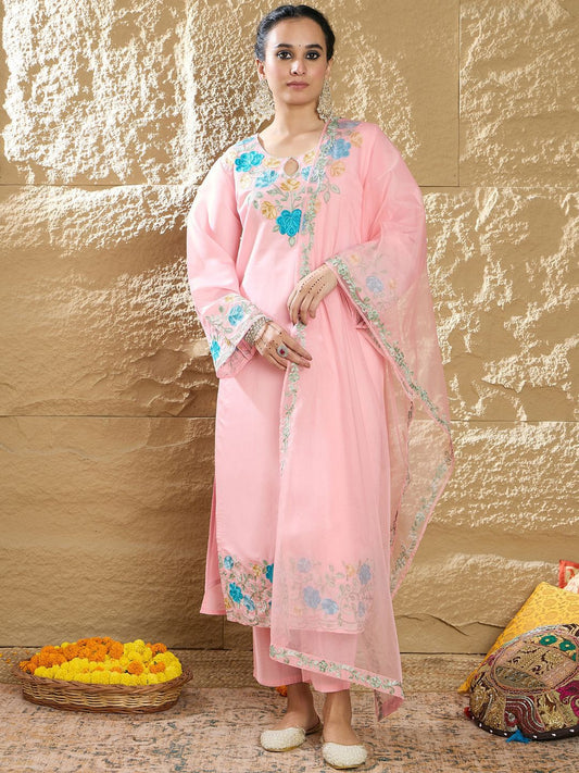 Dhiyona IE Women Floral Embroidered Regular Thread Work Kurta with Trousers & With Dupatta