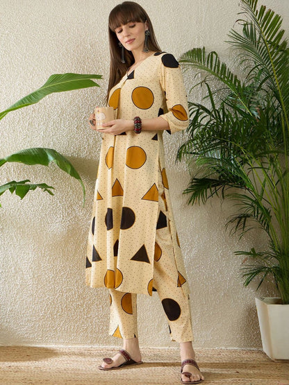 Dhiyona IE Printed V-Neck Three-Quarter Sleeves Pure Cotton Top With Trousers