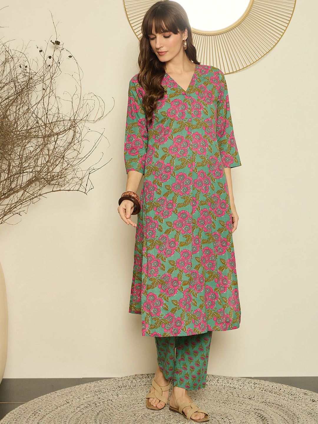 Dhiyona IE Women Printed V-Neck Cotton Top and Trousers Co-Ords