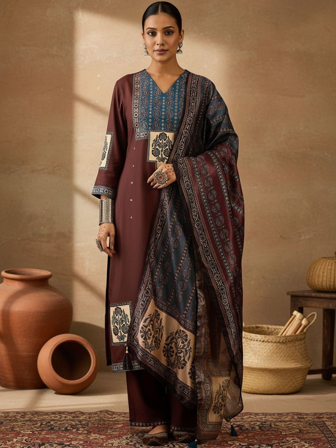 Ethnic Motifs Printed V-Neck Straight Kurta With Trousers & Dupatta