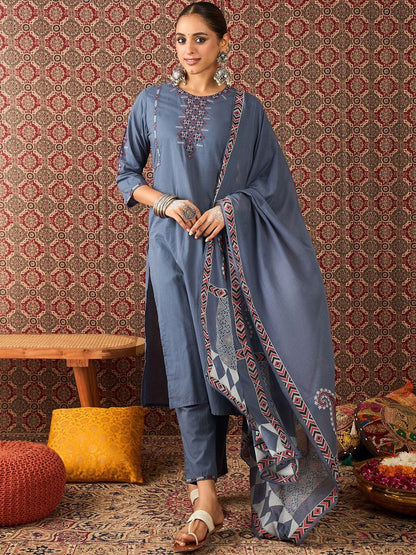 Women Pure Cotton Straight Kurta Trousers With Dupatta set