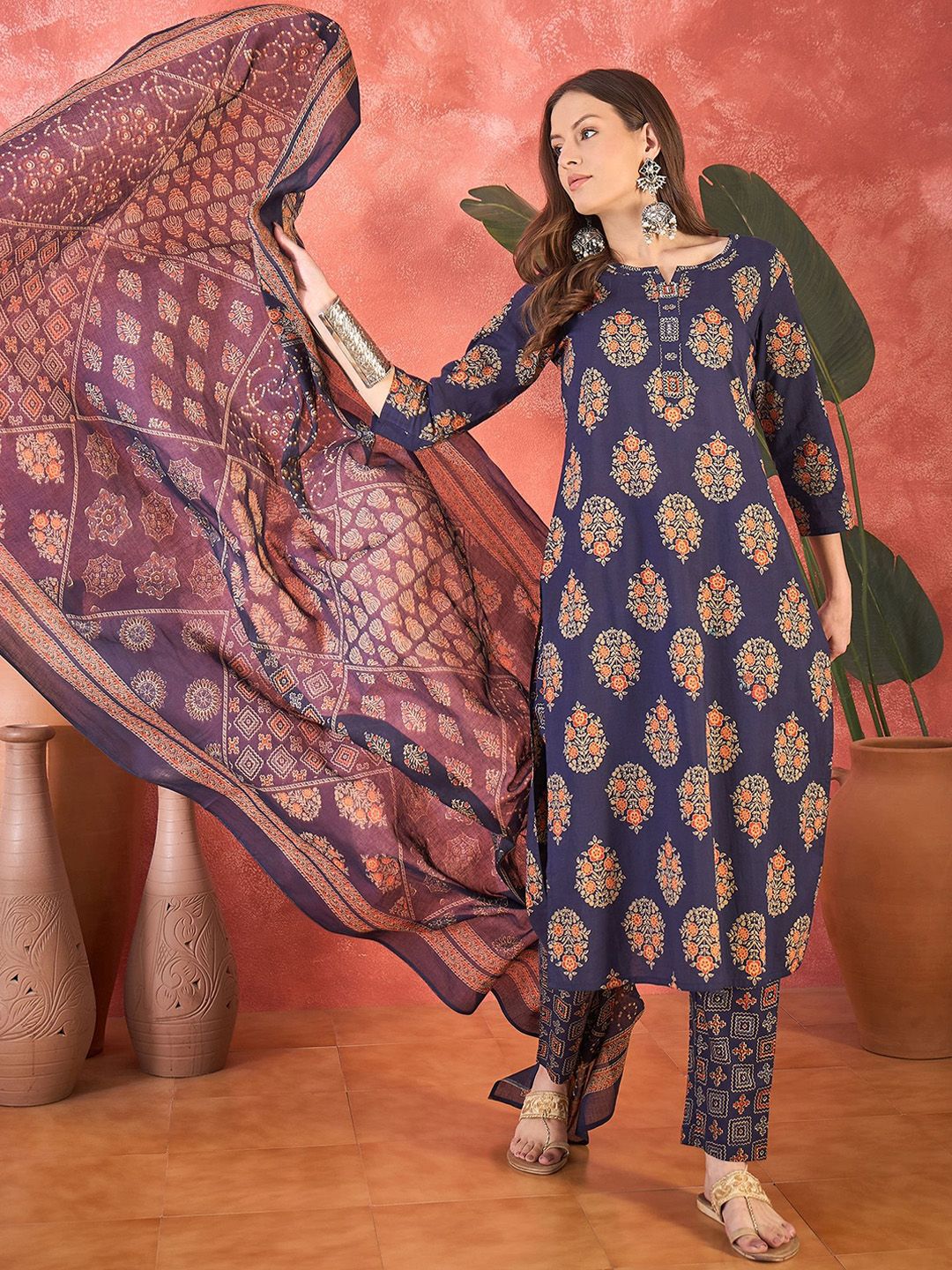 Dhiyona SN Women's Ethnic Motifs Printed Pure Cotton Straight Kurta With Trousers & Dupatta