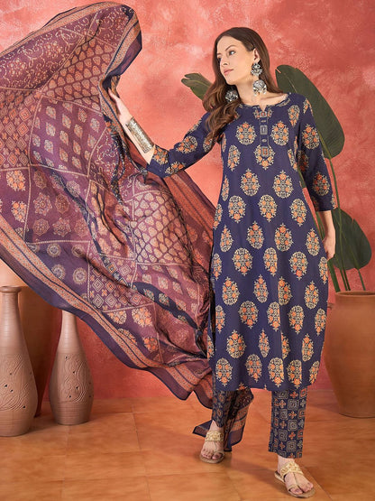 Dhiyona SN Women's Ethnic Motifs Printed Pure Cotton Straight Kurta With Trousers & Dupatta