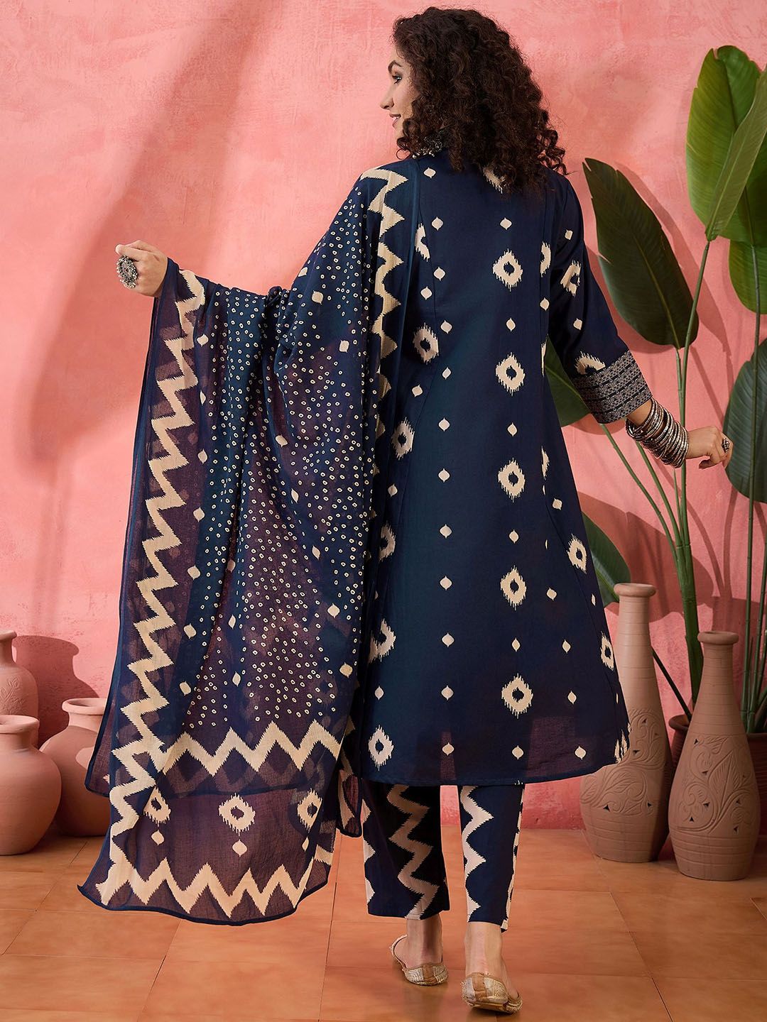 Dhiyona SN Women's Geometric Printed V-Neck Pleated Pure Cotton A-Line Kurta With Trouser And Dupatta