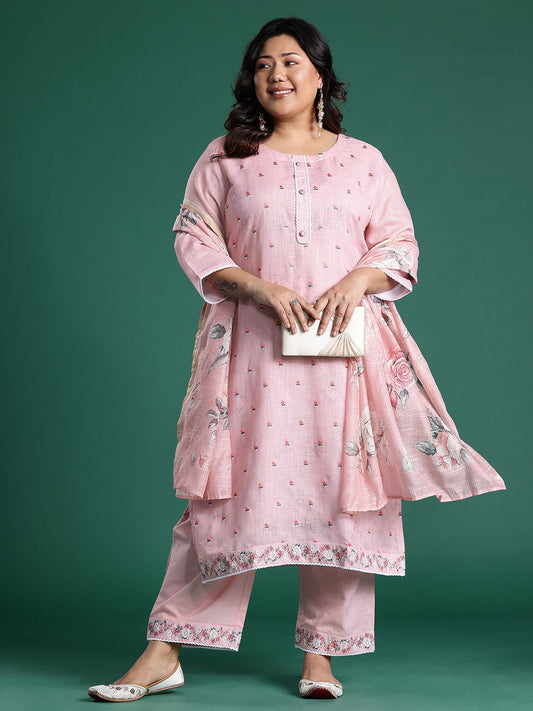Pink Embroidered Straight Kurta With Trousers & Dupatta