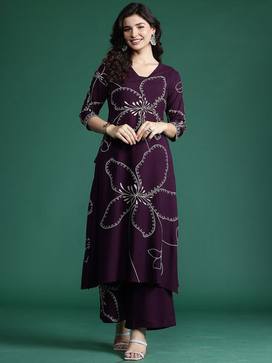 Dhiyona IE Embroidered Three-Quarter Sleeves Tunic With Palazzo