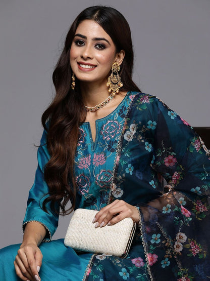 Women Floral Embroidered Regular Thread Work Kurta with Trousers & With Dupatta