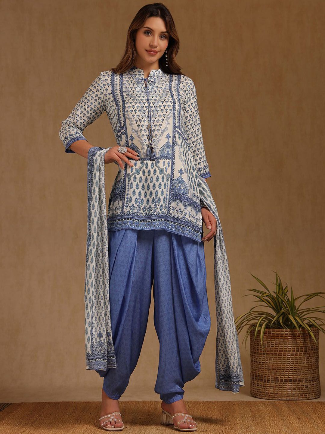 Dhiyona SO Women's Floral Printed Mandarin Collar Muslin Straight Kurti With Dhoti Pants & Dupatta