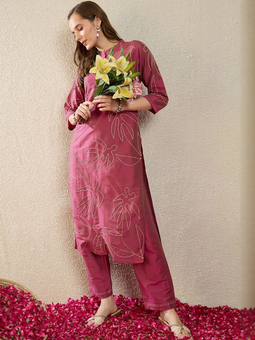 Dhiyona IE Printed Mandarin Collar Three-Quarter Sleeves Pure Cotton Top With Trousers