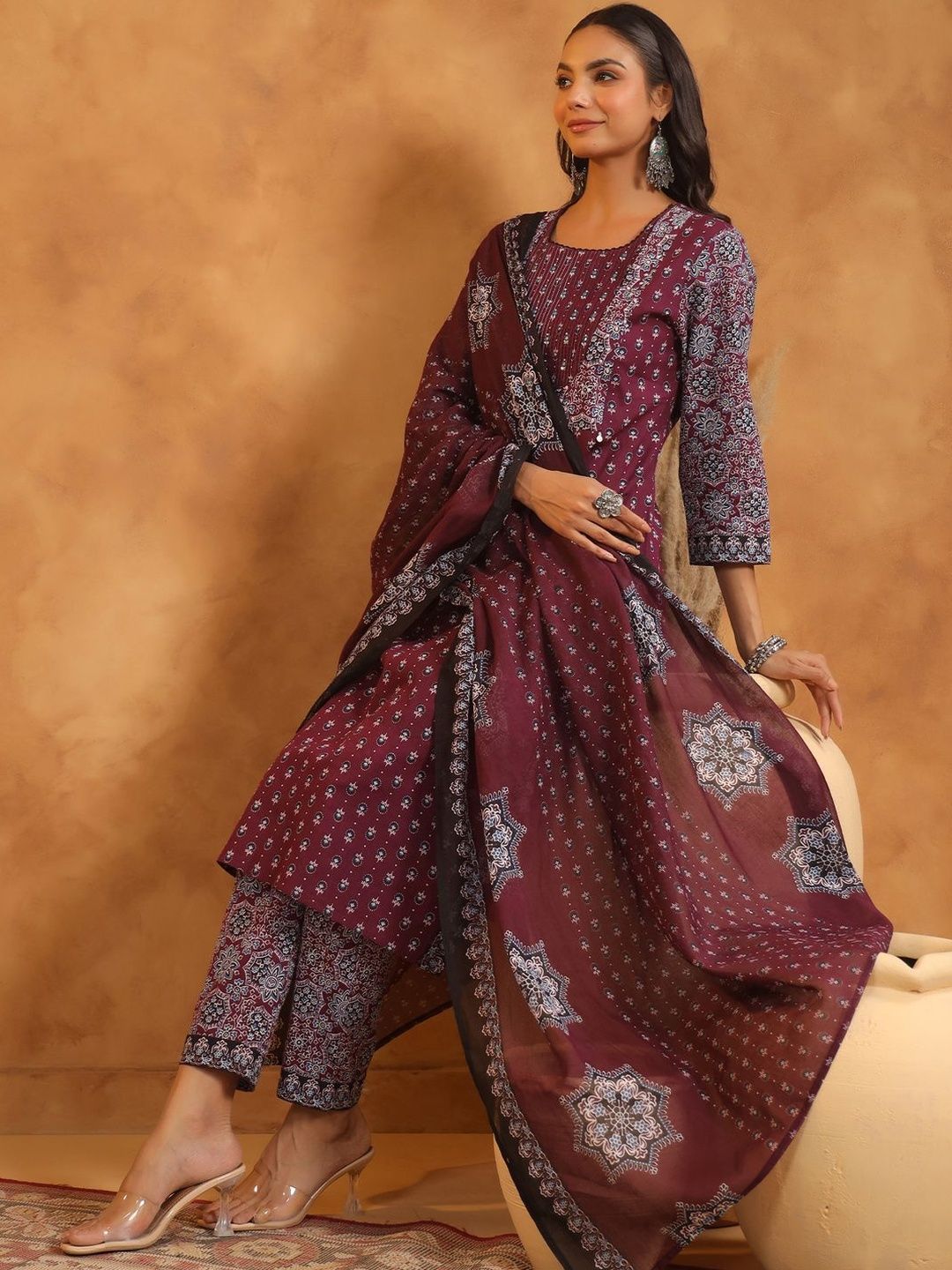 Women Ethnic Motifs Printed Regular Thread Work Pure Cotton Kurta with Trousers & With Dupatta