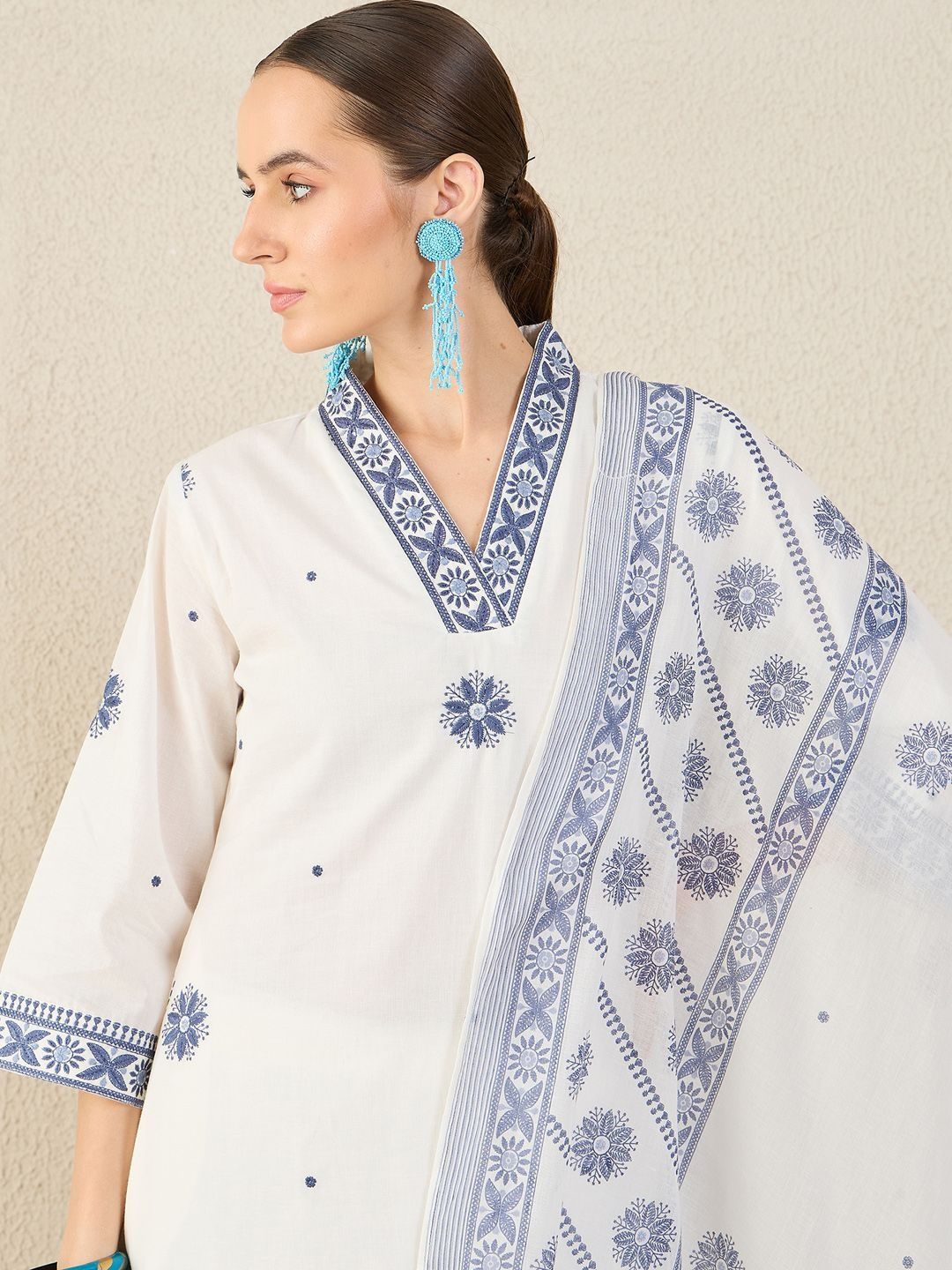 Floral Embroidered V Neck A-Line Pure Cotton Kurta & Trousers With Dupatta