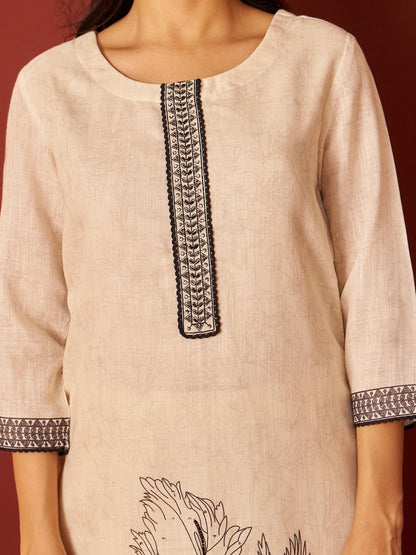 Women Floral Printed Regular Thread Work Linen Kurta with Trousers & With Dupatta