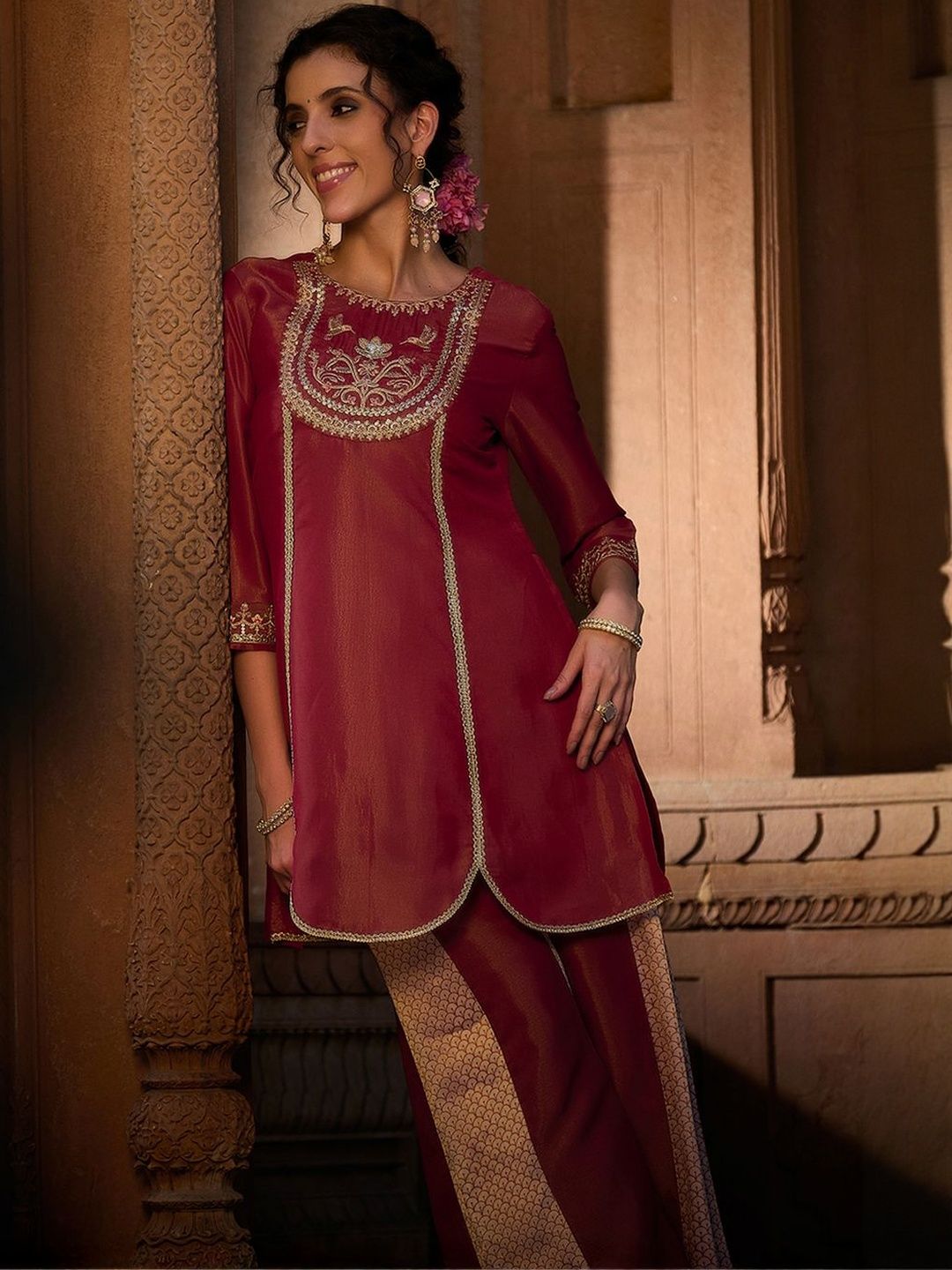 Dhiyona CH Ethnic Motifs Embroidered Thread Work Kurta With Palazzos