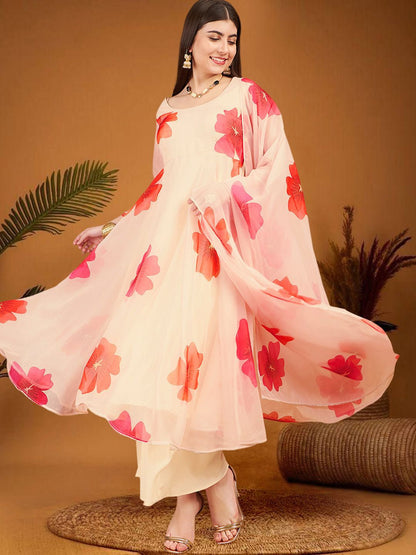 Dhiyona SN Women's Floral Printed Round Neck Organza Kurta With Palazzo And Dupatta