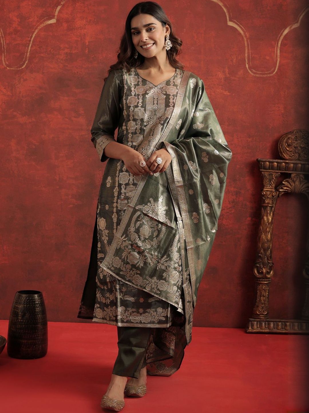 Woven Design V-Neck Zari Straight Kurta With Trousers & Dupatta