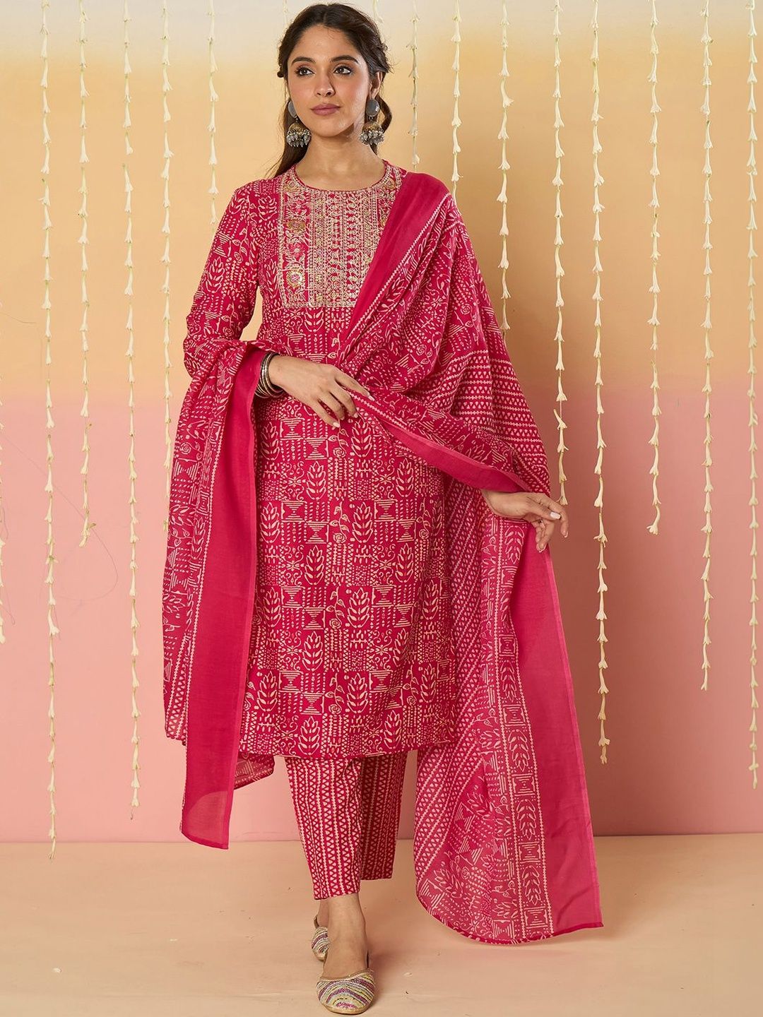 Women Ethnic Motifs Printed Regular Thread Work Pure Cotton Kurta with Trousers & With Dupatta