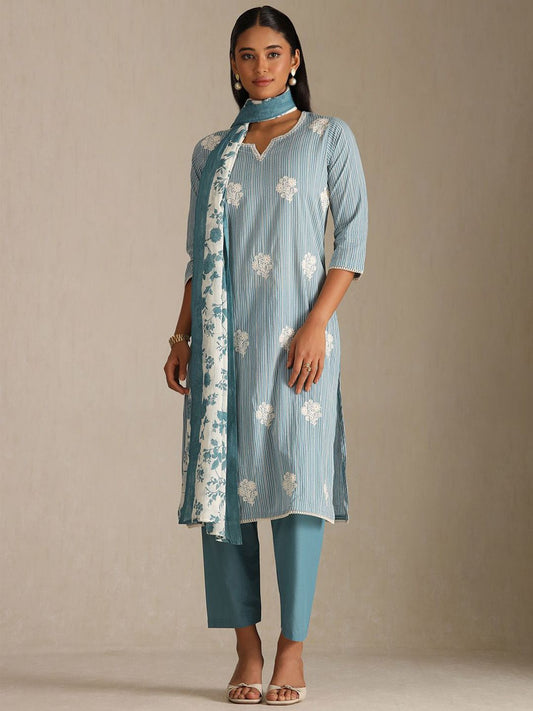 Dhiyona SO Women's Floral Embroidered Notch Neck Pure Cotton Straight Kurta With Trousers & Dupatta