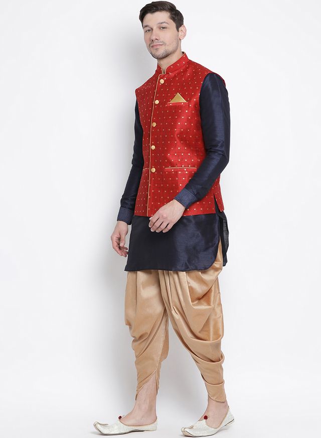 Men's Dark Blue Silk Blend Straight Jacket  Kurta and Dhoti Set