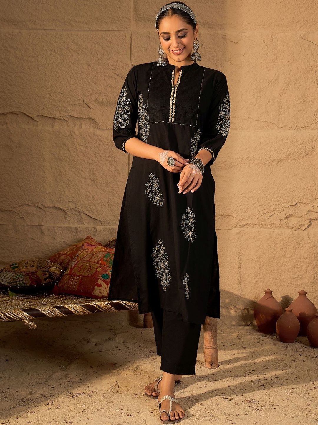 Women Ethnic Motifs Embroidered Cotton Kurta with Trousers & Dupatta
