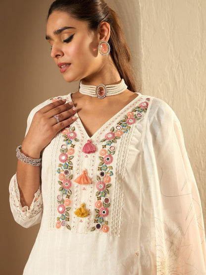 Dhiyona IE Floral Embroidered Pure Cotton Straight Kurta With Trousers & Dupatta