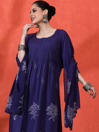 Dhiyona SN Women's Floral Printed Pure Cotton A-Line Kurta And Trousers With Dupatta