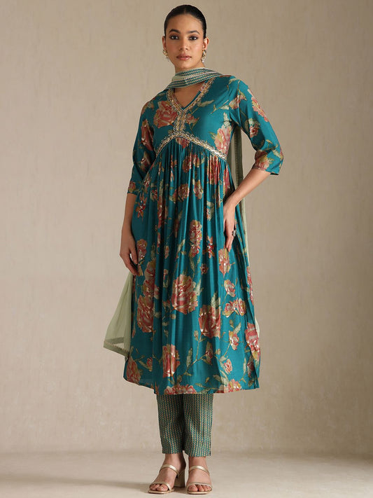 Dhiyona SO Women's Floral Printed V-Neck Sequinned Empire Anarkali Kurta With Trousers & Dupatta