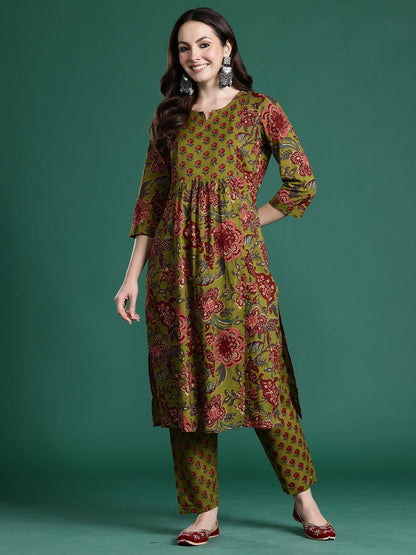 Women Floral Printed Empire Pure Cotton Kurta with Trousers